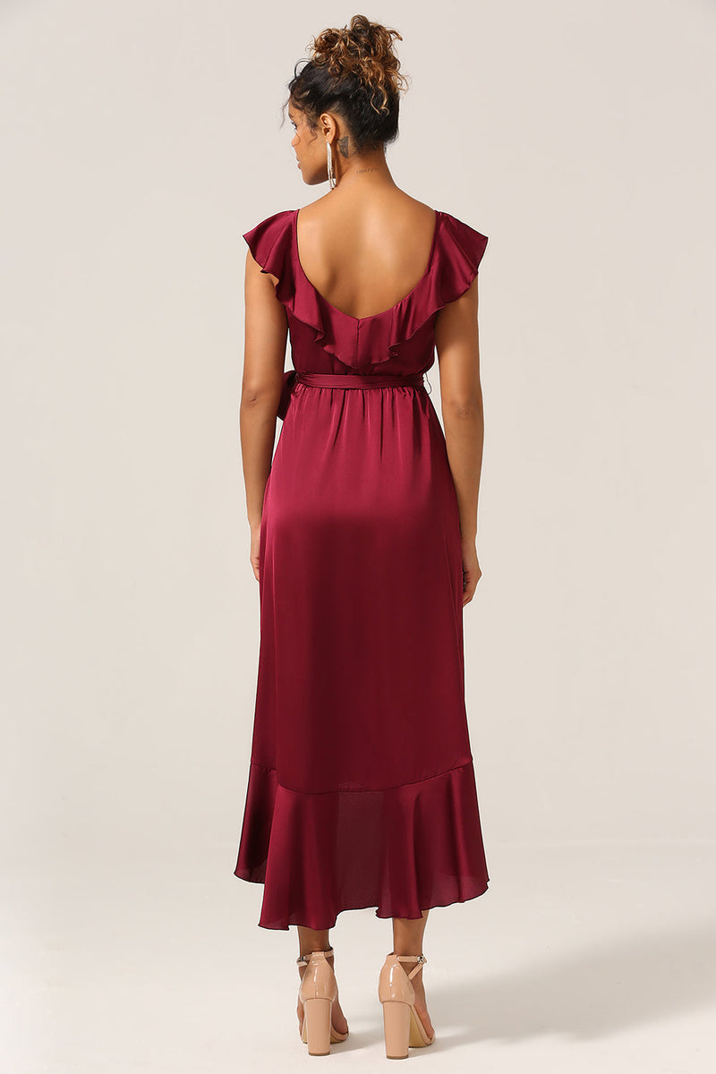 Load image into Gallery viewer, A Line V-Neck Burgundy Bridesmaid Dress with Ruffles