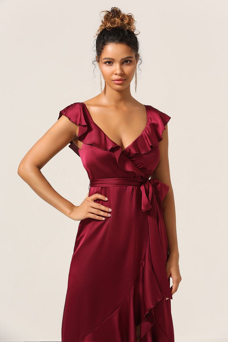 Load image into Gallery viewer, A Line V-Neck Burgundy Bridesmaid Dress with Ruffles