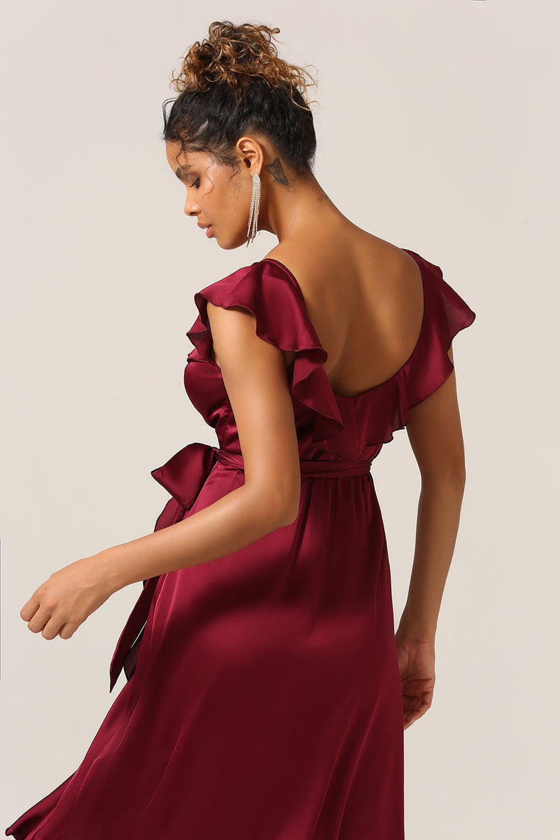 Load image into Gallery viewer, A Line V-Neck Burgundy Bridesmaid Dress with Ruffles