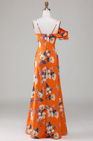 Load image into Gallery viewer, Printed Orange Flower Mermaid Bridesmaid Dress