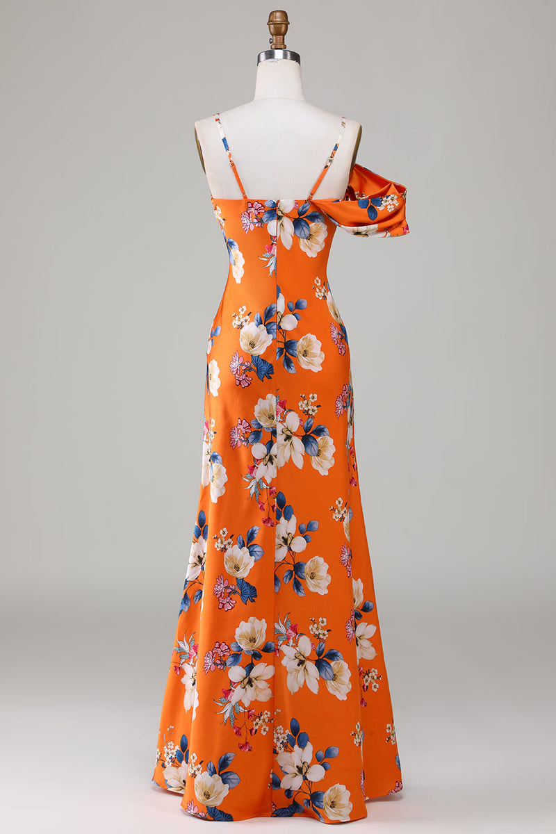 Load image into Gallery viewer, Printed Orange Flower Mermaid Bridesmaid Dress