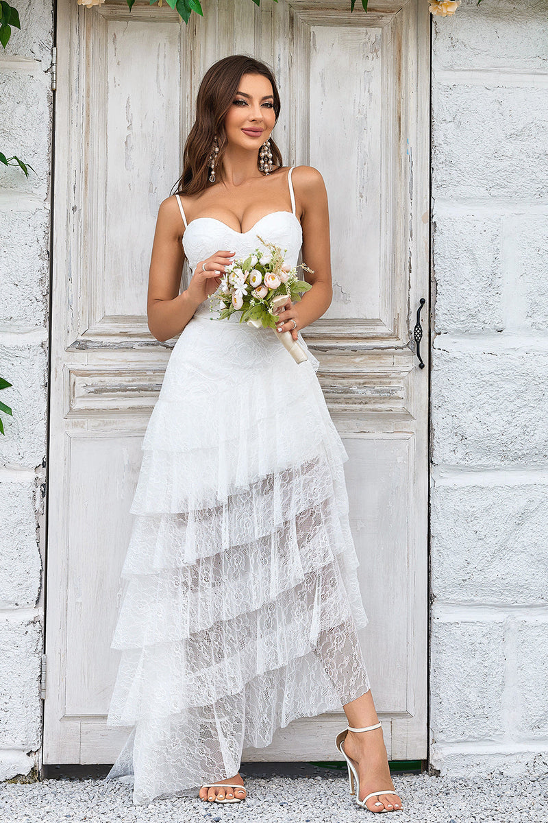Load image into Gallery viewer, Ivory Lace Asymmetrical Detachable Train Boho Wedding Dress