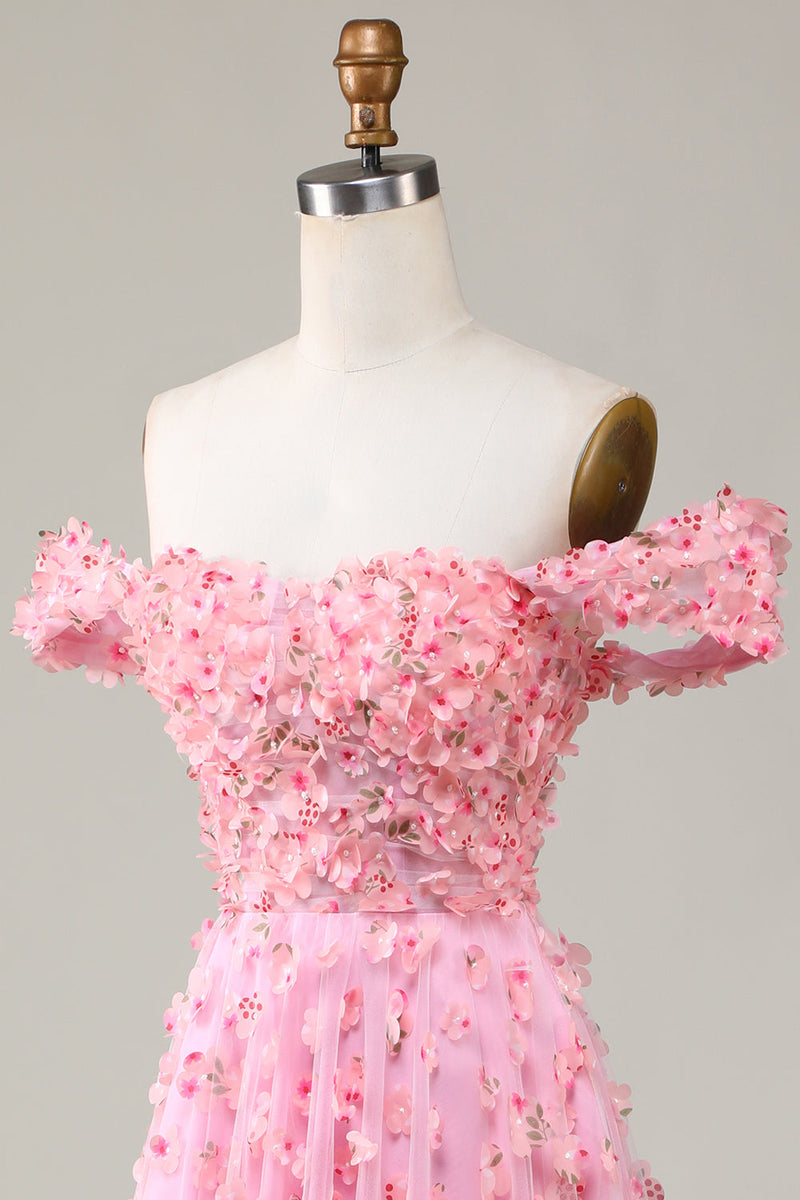 Load image into Gallery viewer, Off The Shoulder A-line Pink Long Bridesmaid Dress with 3D Flowers