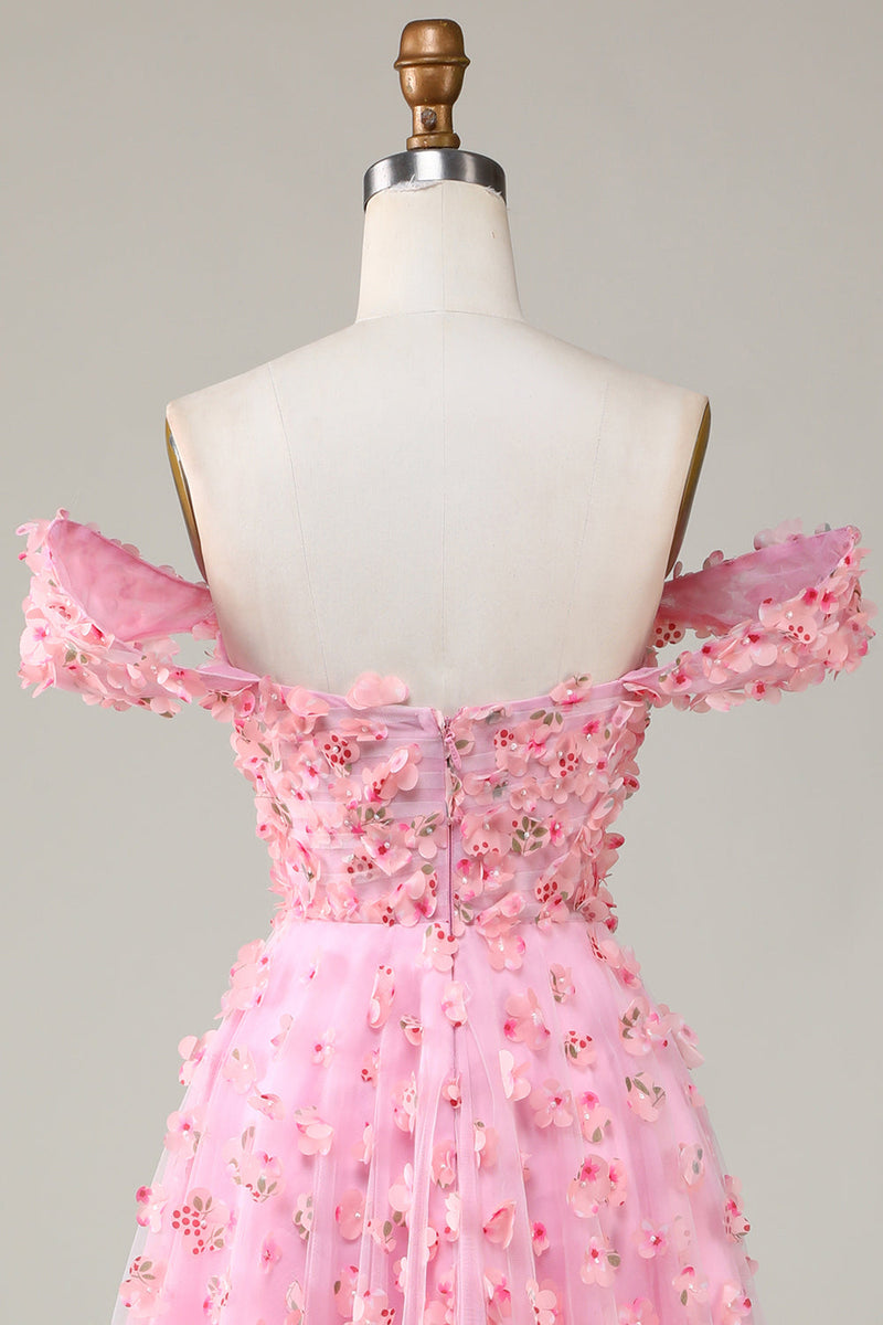 Load image into Gallery viewer, Off The Shoulder A-line Pink Long Bridesmaid Dress with 3D Flowers