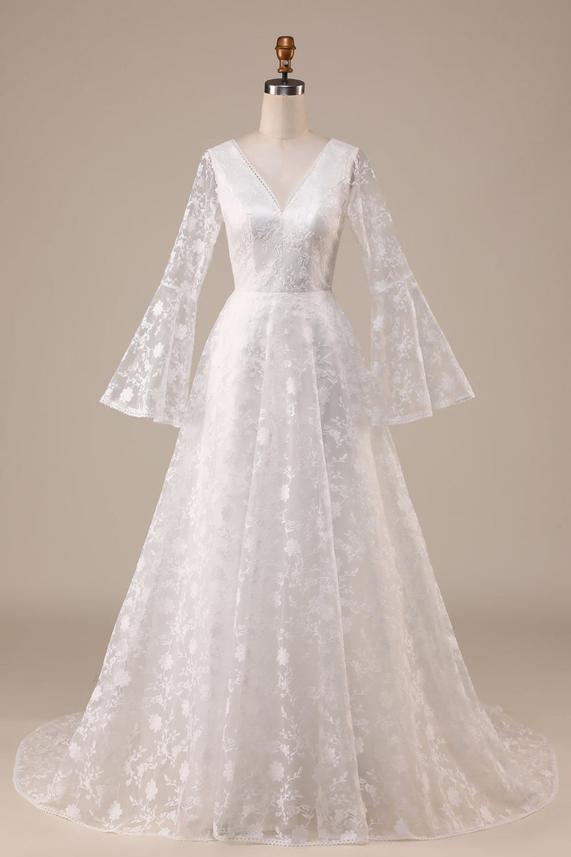 Load image into Gallery viewer, Ivory Lace Flare Sleeves A-Line Wedding Dress