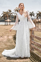 Load image into Gallery viewer, Beauty A Line V Neck Ivory Lace Flare Sleeves Wedding Dress