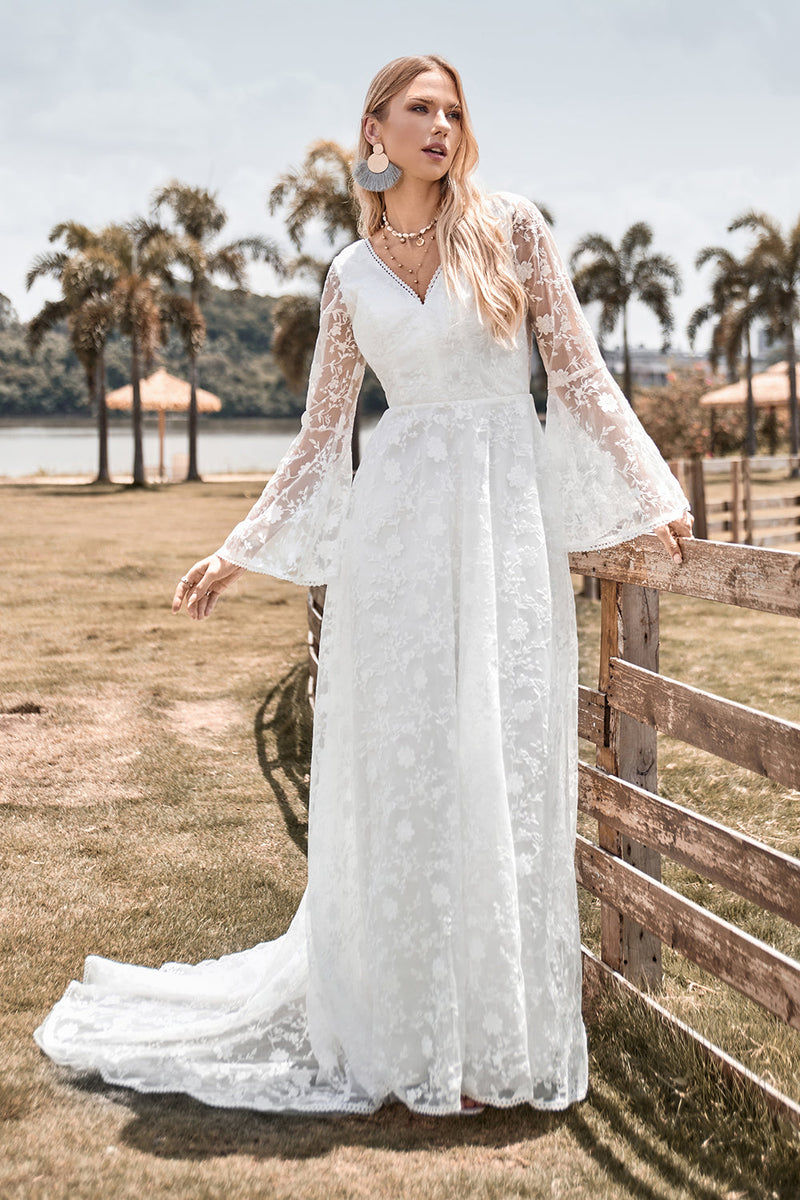 Load image into Gallery viewer, Beauty A Line V Neck Ivory Lace Flare Sleeves Wedding Dress