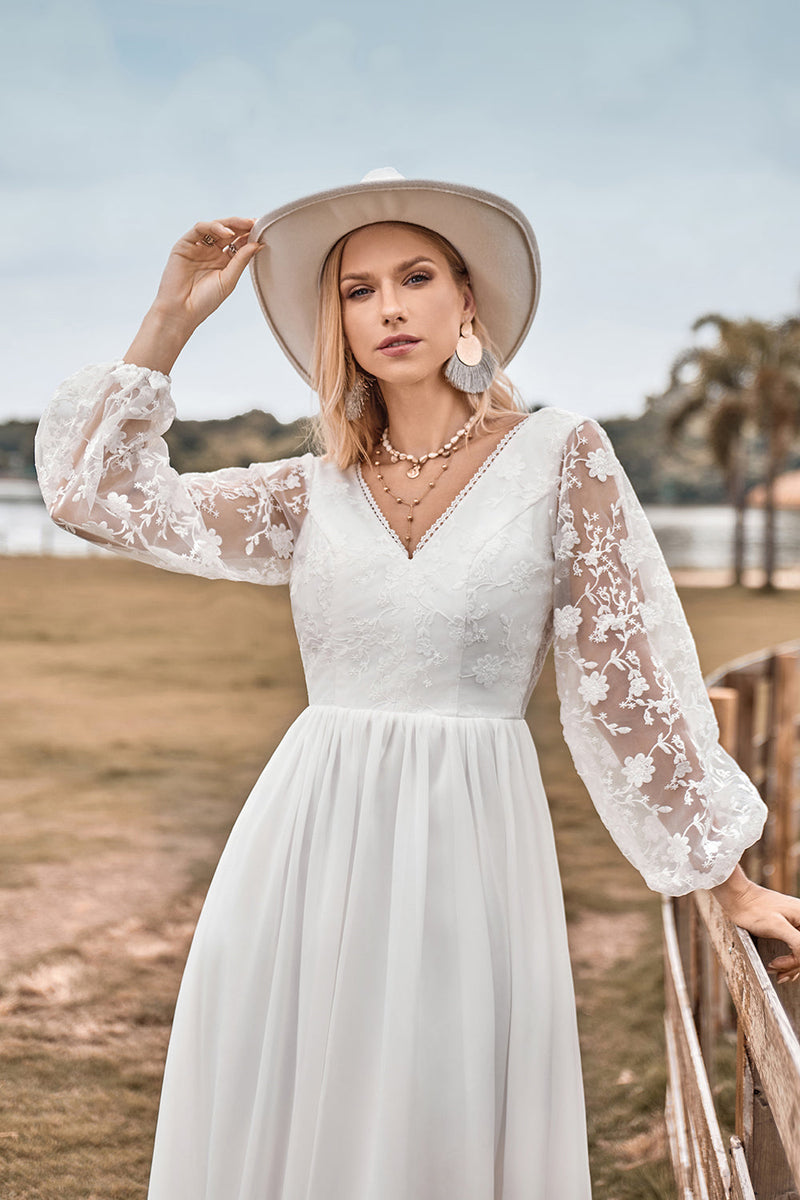 Load image into Gallery viewer, A Line V Neck Ivory Chiffon Sweep Train Boho Wedding Dress with Lace