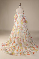 Load image into Gallery viewer, Ivory Floral A-Line Sweep Train Wedding Dress with Sleeves