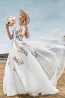 Load image into Gallery viewer, Gorgeous A Line Tulle Long Sleeves Long Ivory Wedding Dress with Embroidery