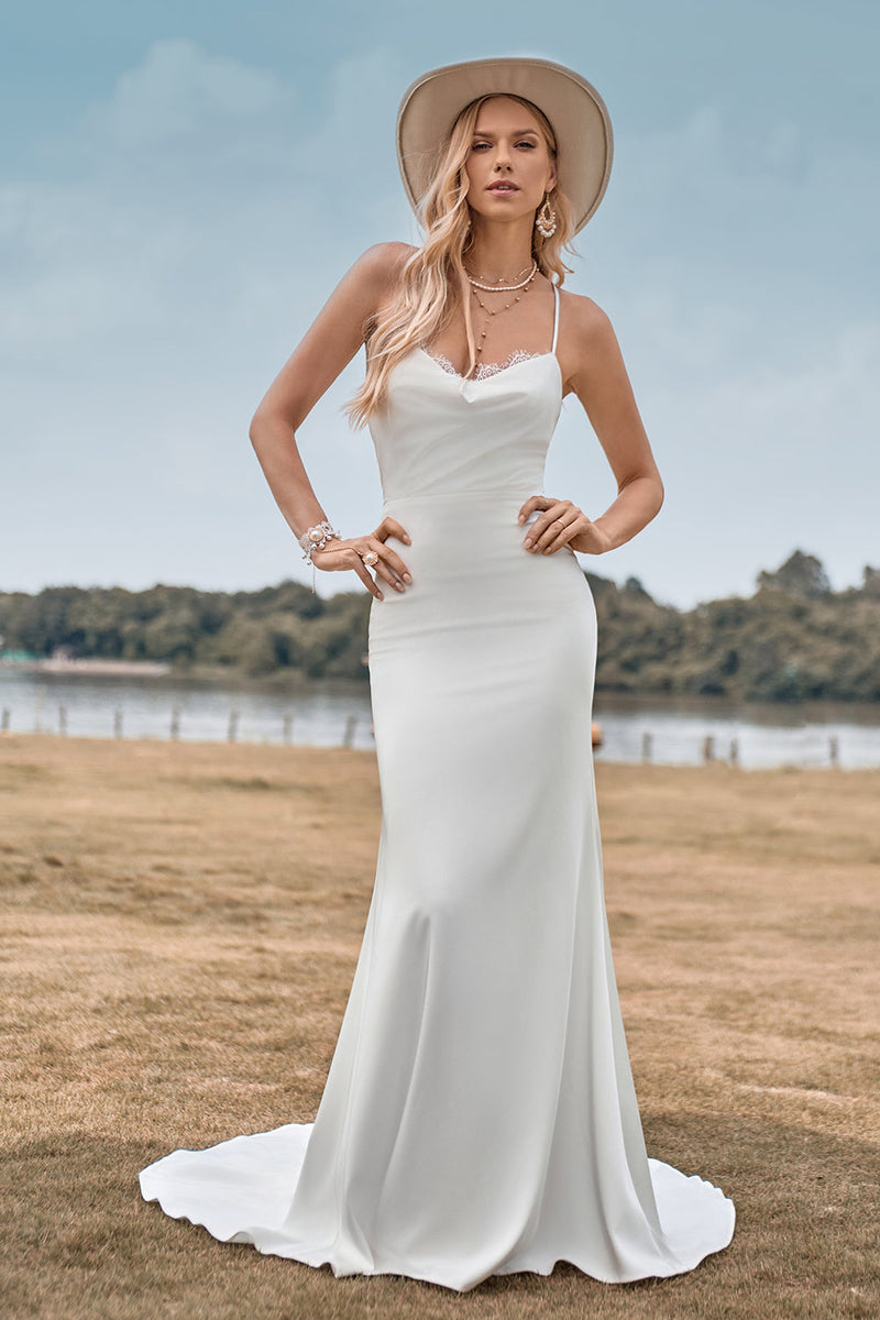 Load image into Gallery viewer, Simple Spaghetti Straps White Bridal Dress with Criss Cross Back