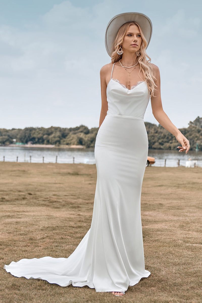 Load image into Gallery viewer, Simple Spaghetti Straps White Bridal Dress with Criss Cross Back