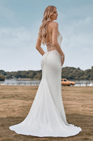 Load image into Gallery viewer, Simple Spaghetti Straps White Bridal Dress with Criss Cross Back