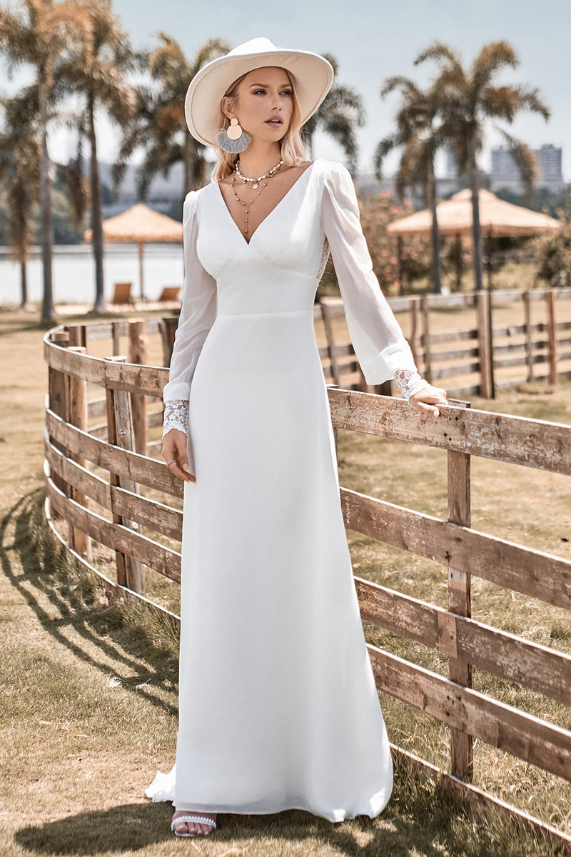 Load image into Gallery viewer, Ivory Boho Simple Sheath Long Sleeves Wedding Dress with Lace