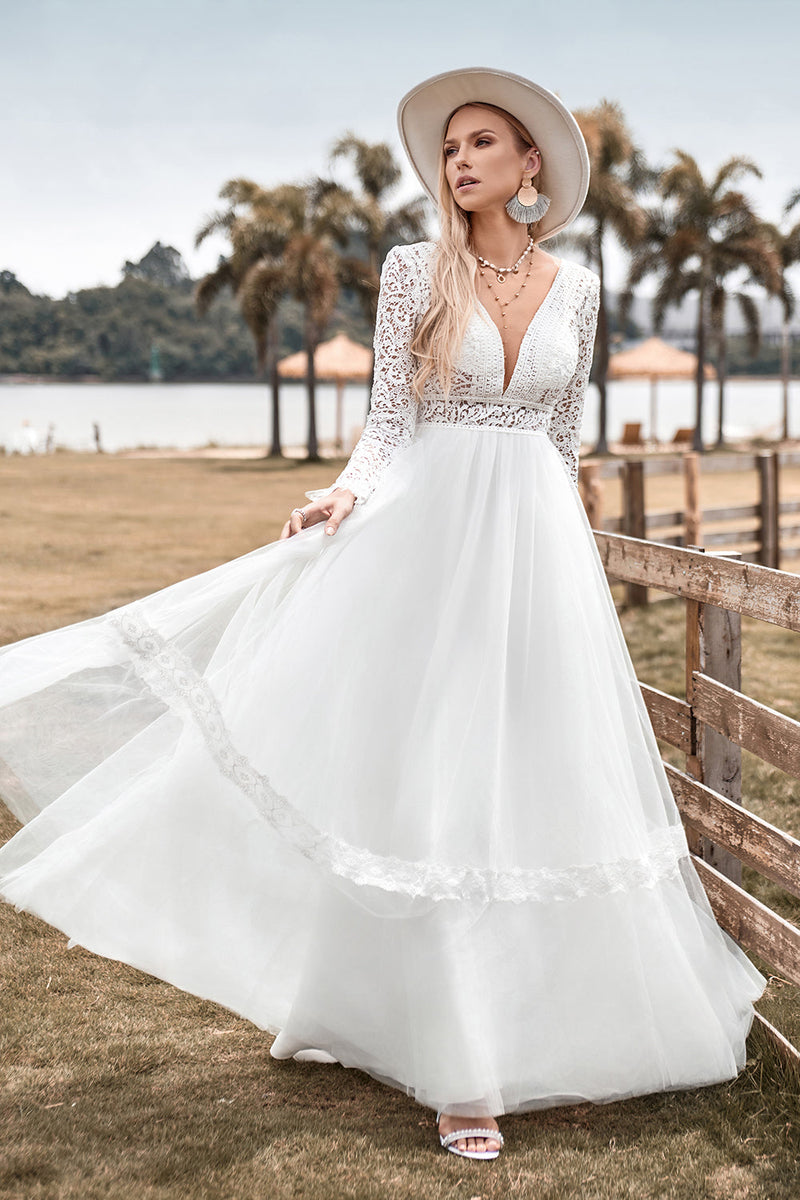 blue dress for baby girl Hellymoon Women Lace Long Sleeves Deep V-neck Boho Wedding Dress with  Backless – hellymoonuk