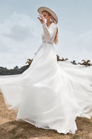 Load image into Gallery viewer, Lace Long Sleeves Deep V-neck Boho Wedding Dress with Backless