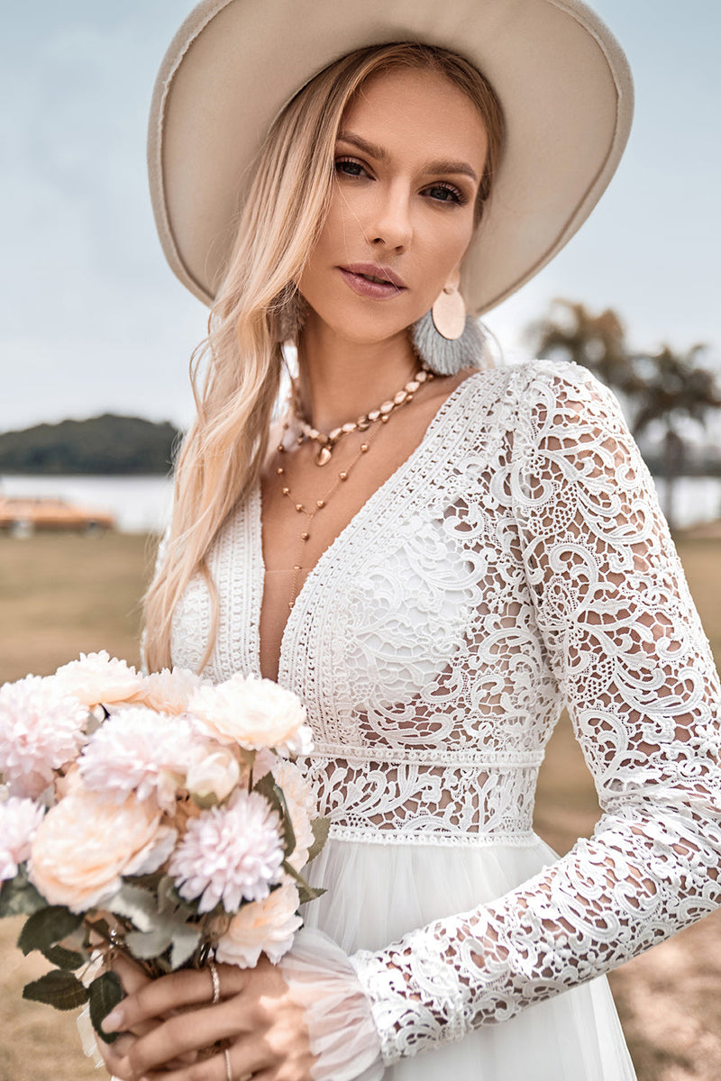 Hellymoon Women Lace Long Sleeves Deep V-neck Boho Wedding Dress with  Backless – hellymoonuk
