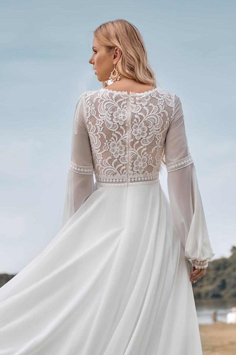 Load image into Gallery viewer, Long Sleeves Ivory A Line Wedding Dress with Lace