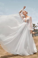 Load image into Gallery viewer, Long Sleeves Open Back Ivory A Line Wedding Dress with Appliques