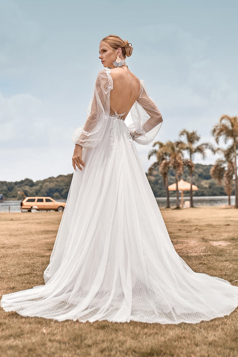 Load image into Gallery viewer, Long Sleeves Open Back Ivory A Line Wedding Dress with Appliques