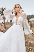Load image into Gallery viewer, Long Sleeves Open Back Ivory A Line Wedding Dress with Appliques