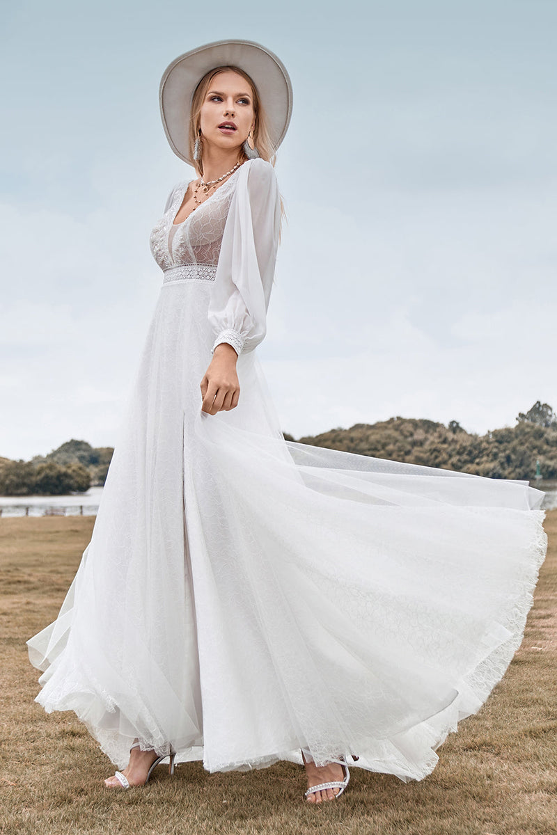 Load image into Gallery viewer, A-Line Tulle Beaded Ivory Wedding Dress with Long Sleeves