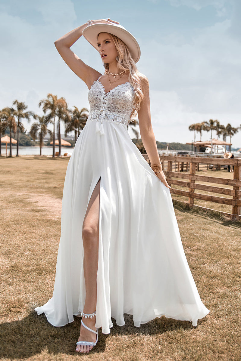 Load image into Gallery viewer, Lace Backless Spaghetti Straps Boho Wedding Dress with with Slit