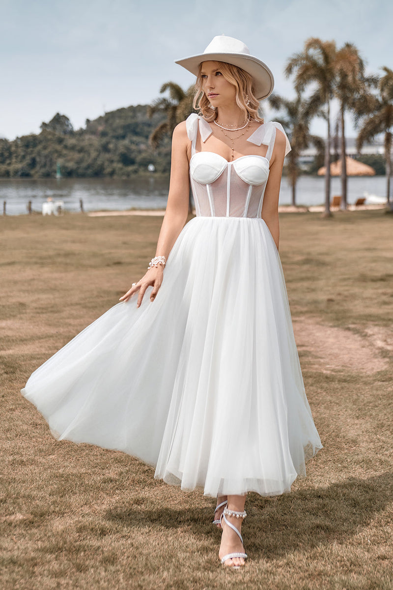 Load image into Gallery viewer, Ivory Tulle Corset Tea-Length A Line Wedding Dress