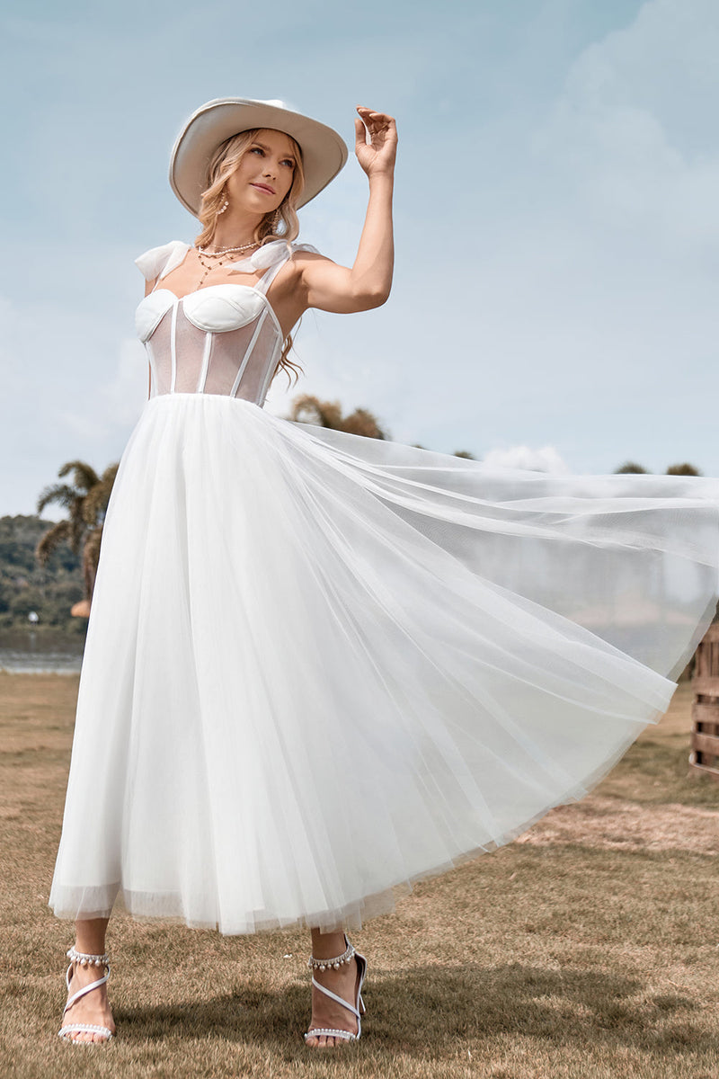 Load image into Gallery viewer, Ivory Tulle Corset Tea-Length A Line Wedding Dress