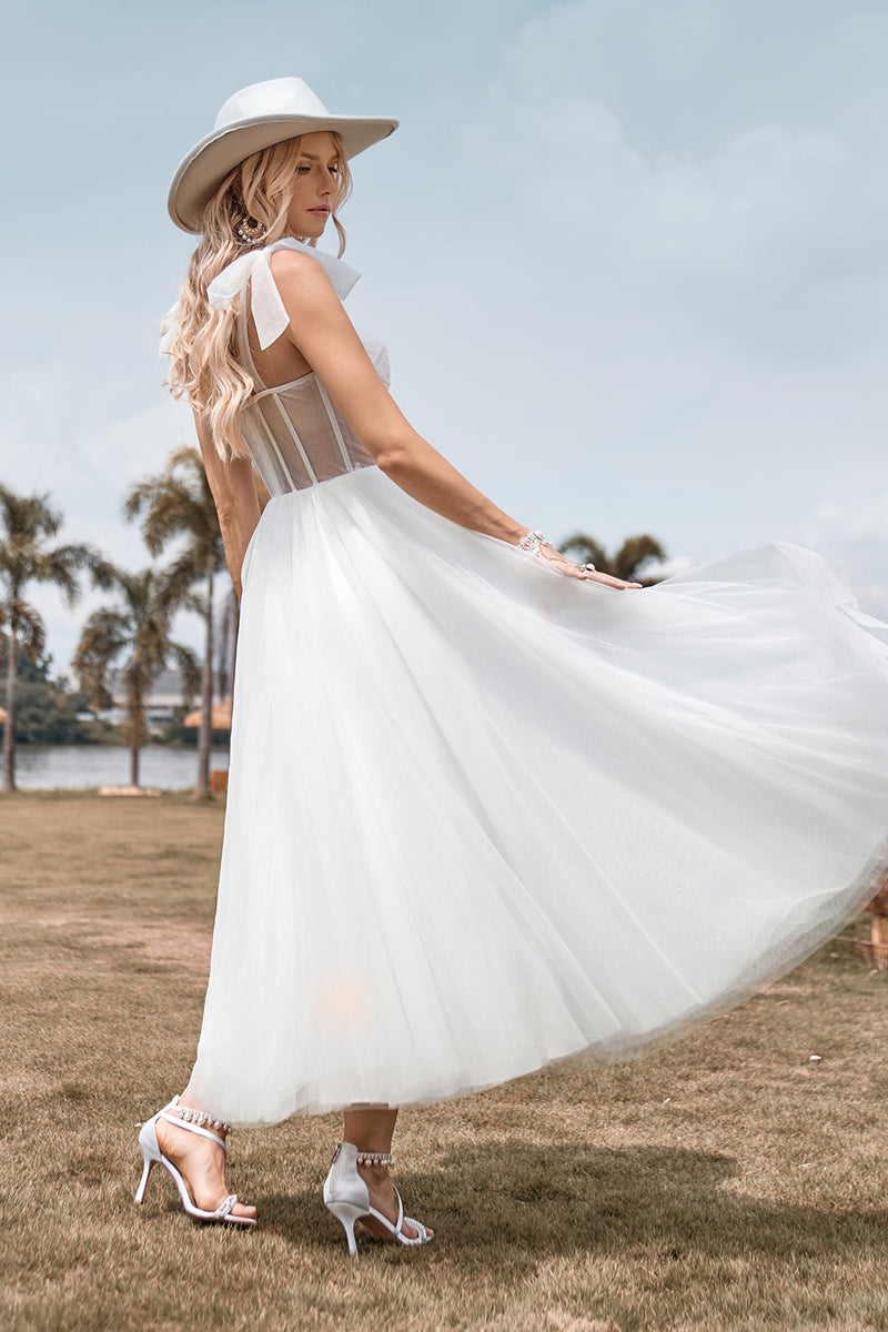 Load image into Gallery viewer, Ivory Tulle Corset Tea-Length A Line Wedding Dress