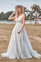 Load image into Gallery viewer, A Line Tulle Ivory Wedding Dress with Appliques