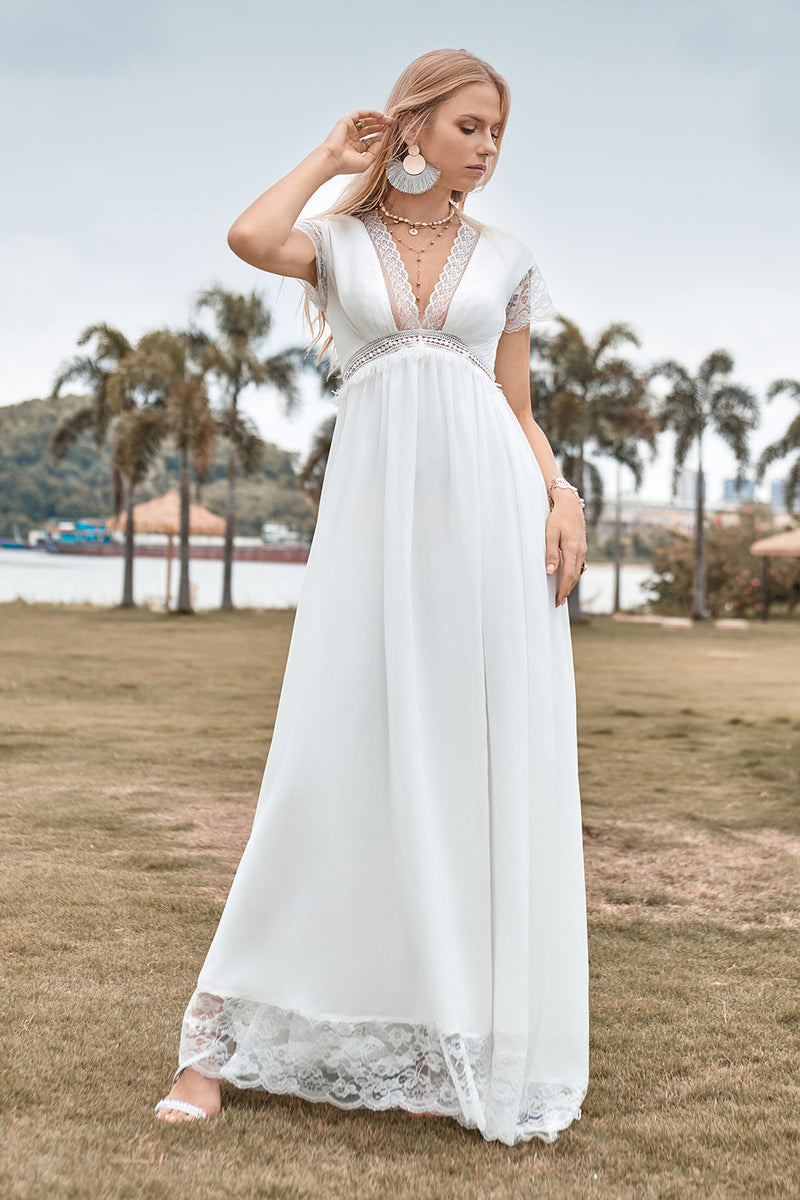 Load image into Gallery viewer, Deep V-neck Simple Boho Wedding Dress with Slit