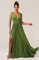 Load image into Gallery viewer, Elegant A Line Olive Deep V-neck Sleeveless Long Bridesmaid Dress