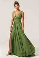 Load image into Gallery viewer, Elegant A Line Olive Deep V-neck Sleeveless Long Bridesmaid Dress