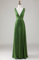 Load image into Gallery viewer, Deep V-neck Sleeveless Long Olive Bridesmaid Dress