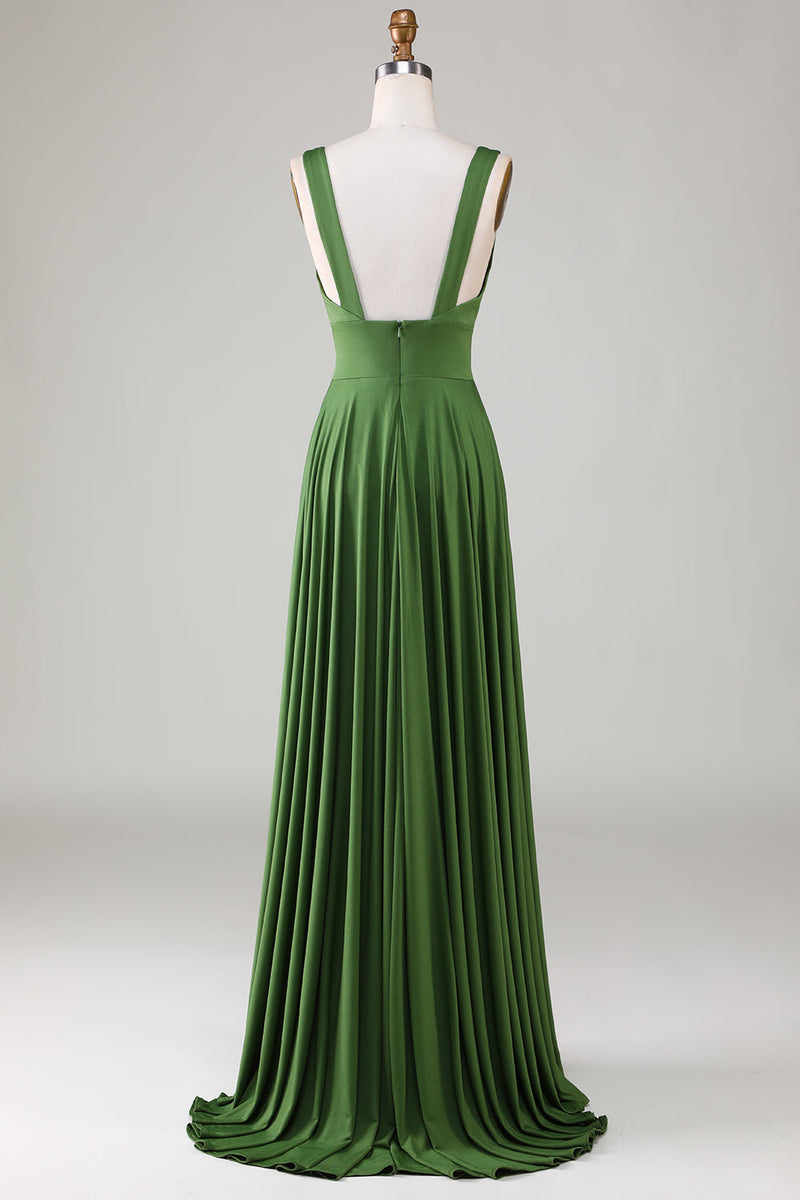 Load image into Gallery viewer, Deep V-neck Sleeveless Long Olive Bridesmaid Dress