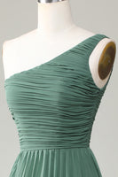 Load image into Gallery viewer, One Shoulder A Line Ruched Tea-Length Eucalyptus Bridesmaid Dress