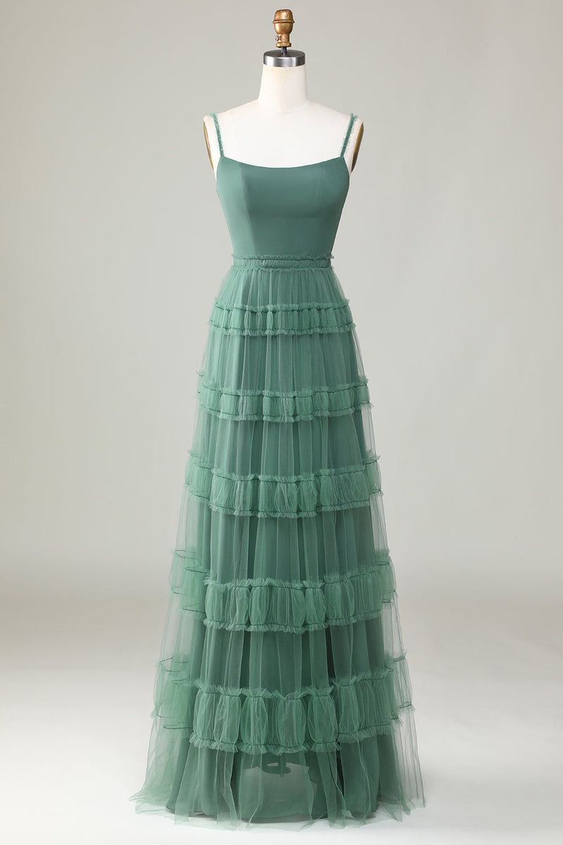 Load image into Gallery viewer, A Line Spaghetti Straps Tulle Eucalyptus Bridesmaid Dress