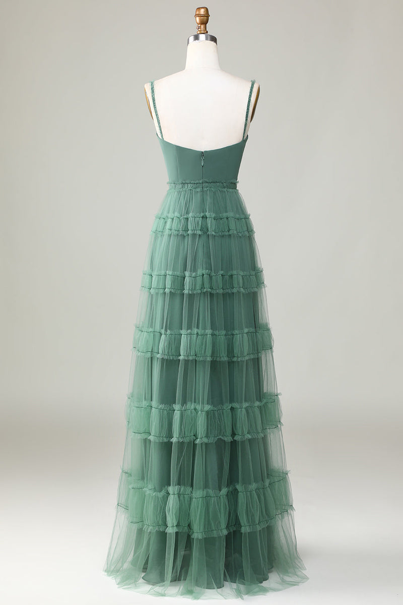 Load image into Gallery viewer, A Line Spaghetti Straps Tulle Eucalyptus Bridesmaid Dress