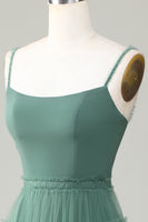 Load image into Gallery viewer, A Line Spaghetti Straps Tulle Eucalyptus Bridesmaid Dress