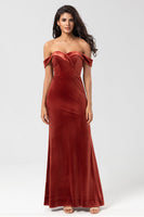 Load image into Gallery viewer, Mermaid Off the Shoulder Terracotta Velvet Bridesmaid Dress