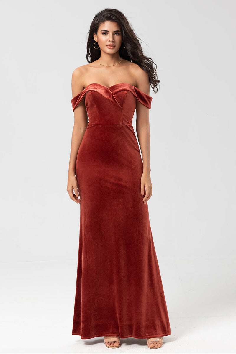 Load image into Gallery viewer, Mermaid Off the Shoulder Terracotta Velvet Bridesmaid Dress