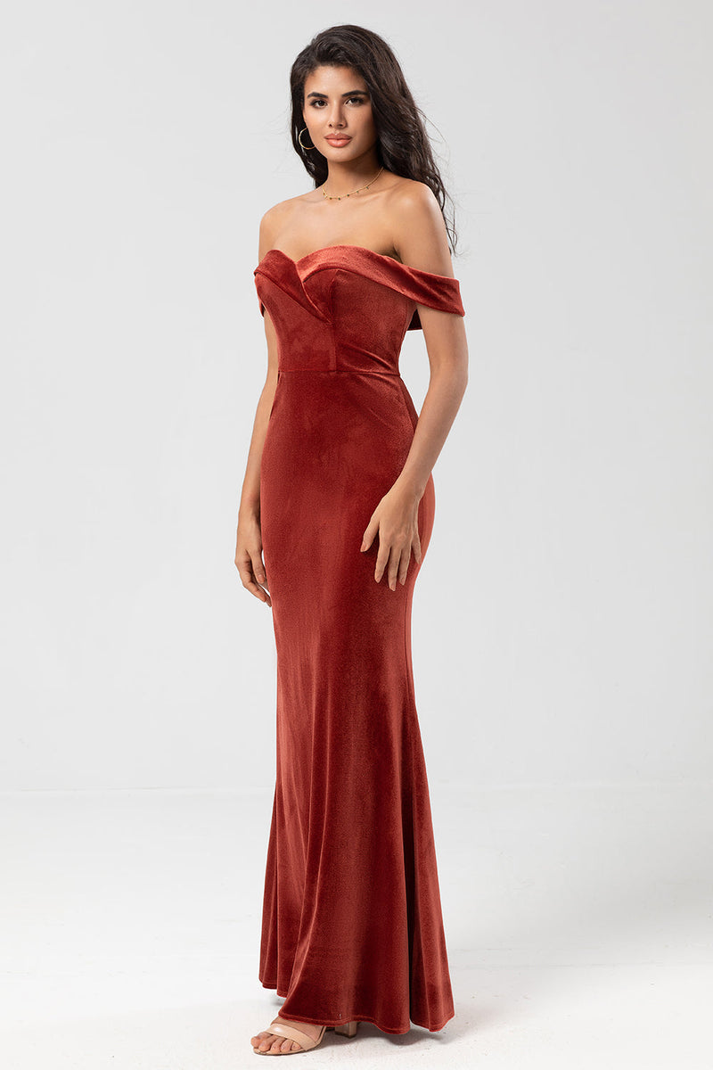 Load image into Gallery viewer, Mermaid Off the Shoulder Terracotta Velvet Bridesmaid Dress