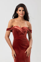 Load image into Gallery viewer, Mermaid Off the Shoulder Terracotta Velvet Bridesmaid Dress