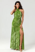 Load image into Gallery viewer, Mermaid Halter Neck Olive Velvet Long Bridesmaid Dress