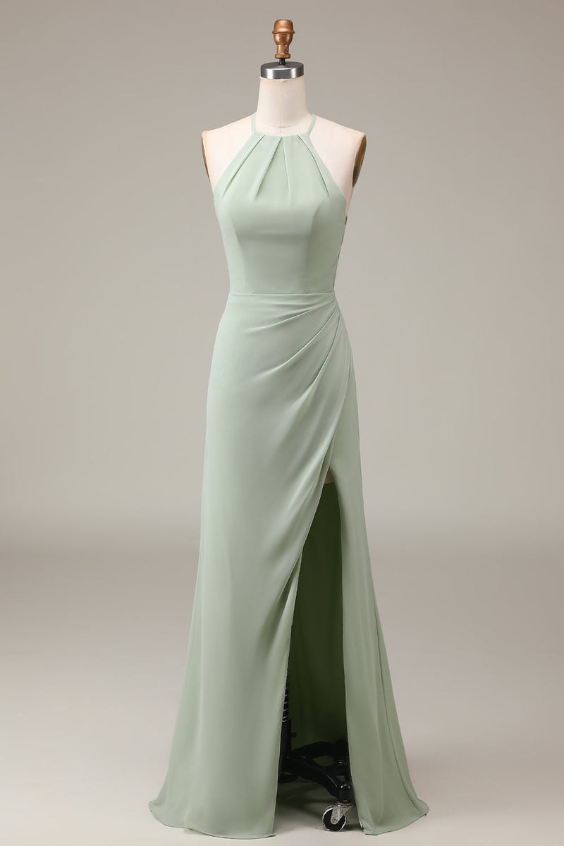 Load image into Gallery viewer, Matcha Halter Neck Sheath Pleated Bridesmaid Dress with Slit