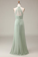 Load image into Gallery viewer, Matcha Halter Neck Sheath Pleated Bridesmaid Dress with Slit