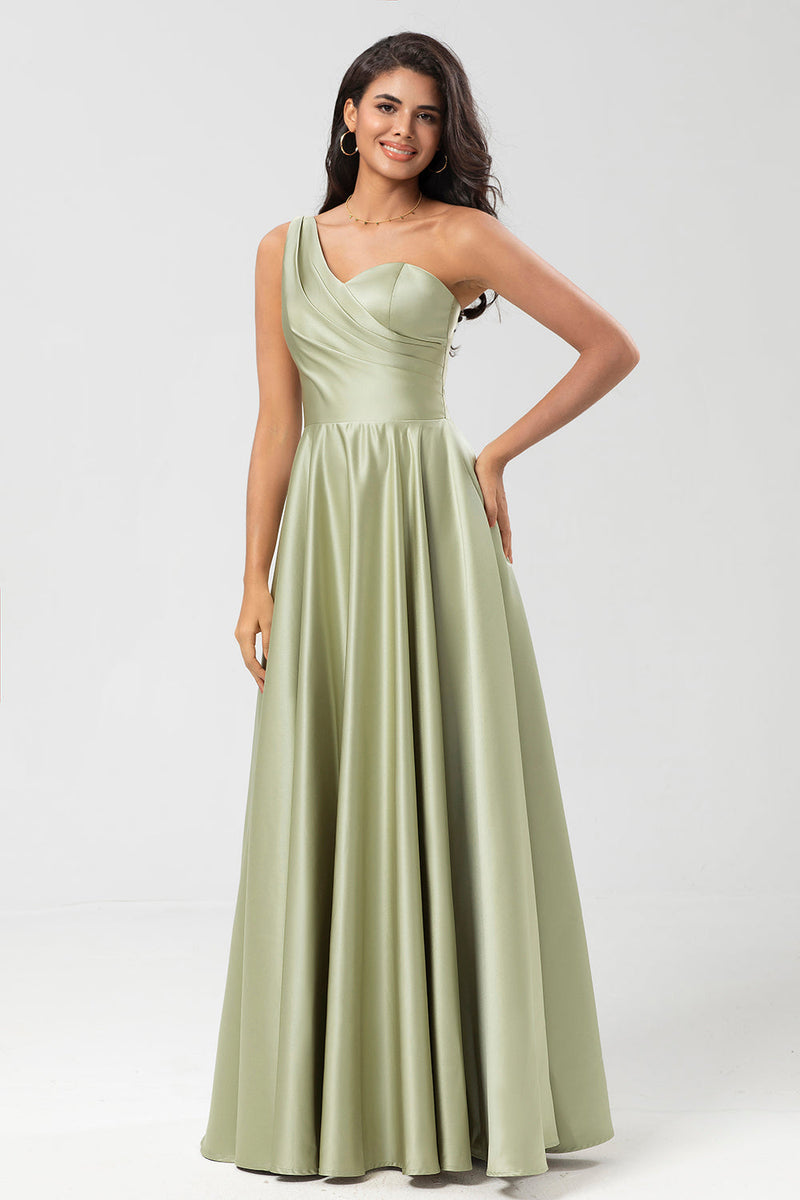 Load image into Gallery viewer, One Shoulder Satin Green Bridesmaid Dress with Pockets
