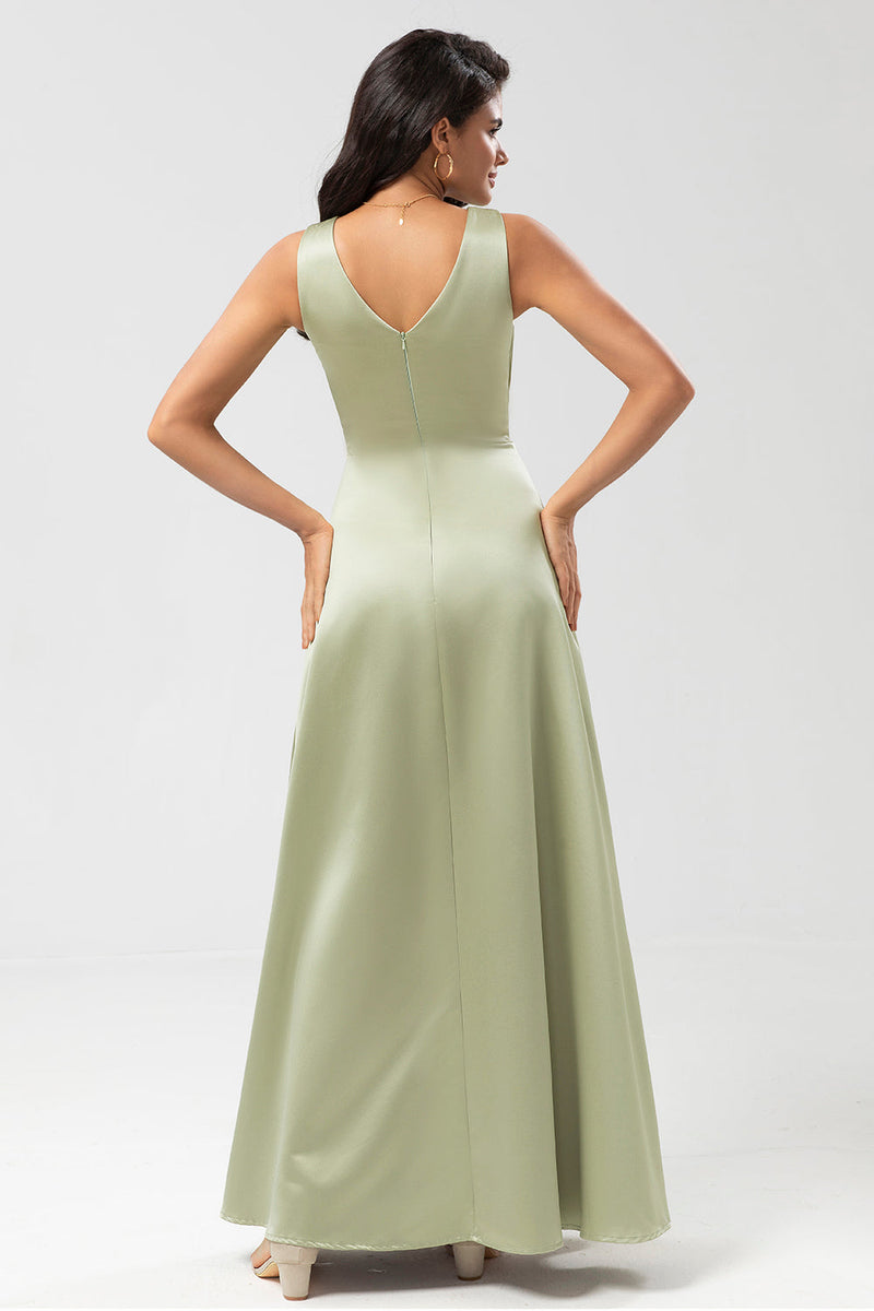 Load image into Gallery viewer, Satin Green Bridesmaid Dress with Pleated