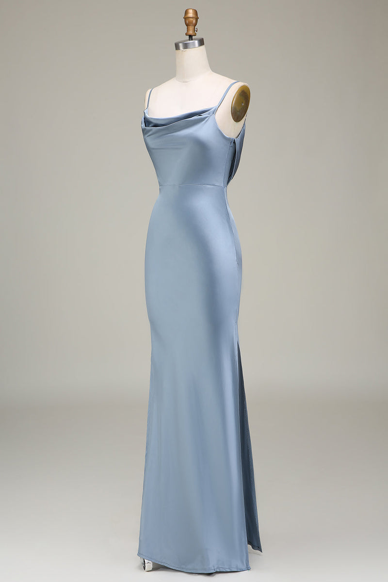 Load image into Gallery viewer, Dusty Blue Sheath Spaghetti Straps Satin Long Bridesmaid Dress